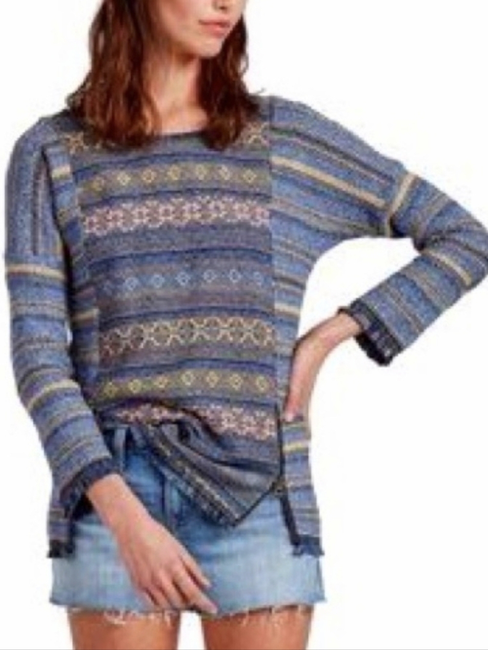 Lucky Brand Blue Boho Aztec Tribal Pullover Serape Knit Top Ziper Details Size M